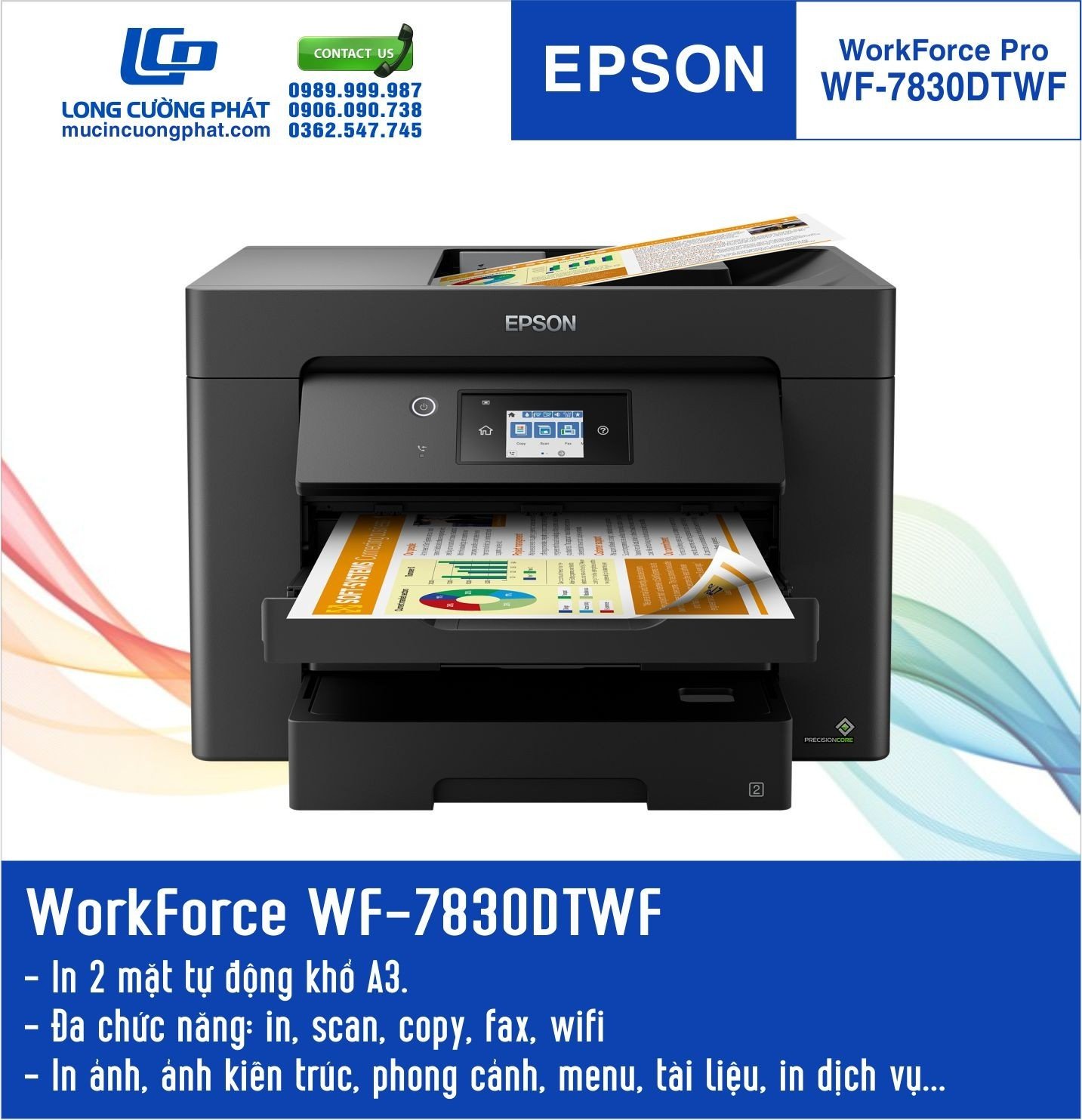 Máy in Epson workforce wf-7830 với tính năng scan 2 mặt, copy 2 mặt, in 2 mặt tiện dụng cho văn phòng in ấn