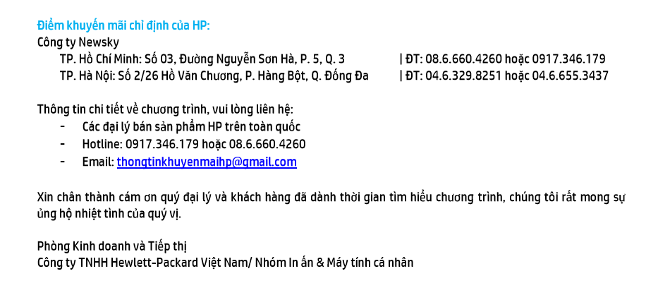 Địa điểm nhận quà khuyến mãi HP Việt Nam