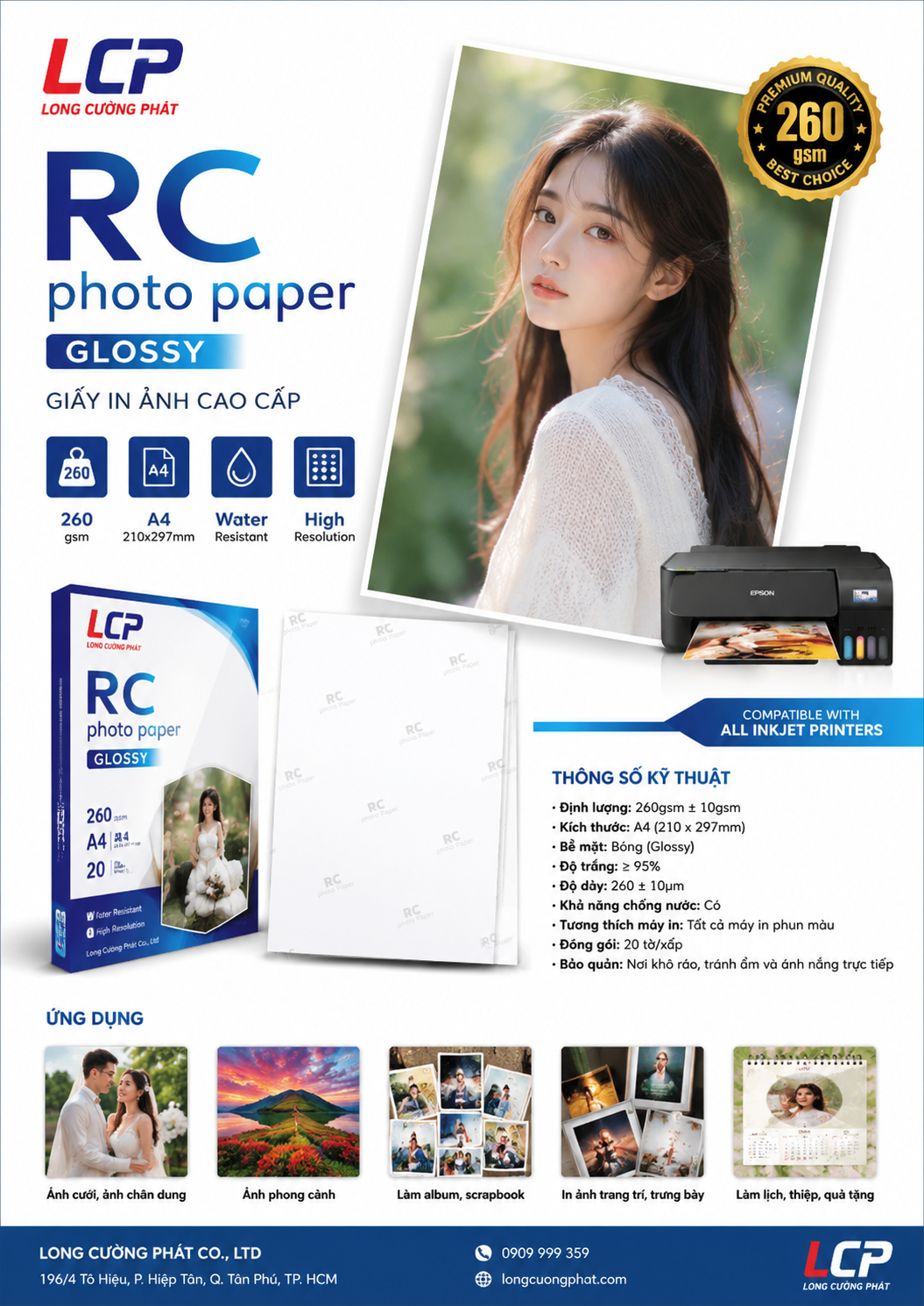 Giấy in ảnh cao cấp RC photo paper bóng khổ A4, định lượng 260gsm