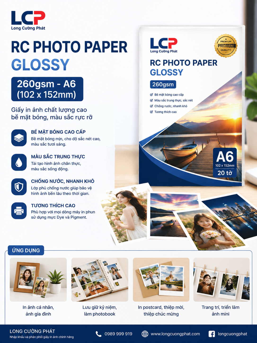 Giấy in ảnh cao cấp RC photo paper Bóng khổ A6 (102x152mm) 260gsm