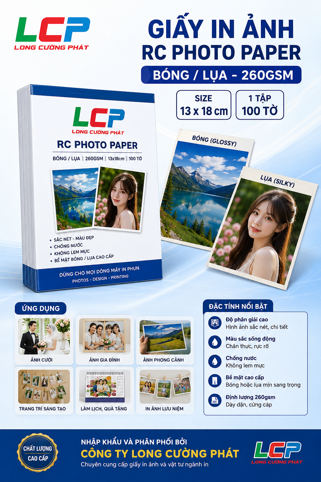 Giấy in ảnh RC photo paper bóng khổ 13 X 18cm,định lượng 260gsm