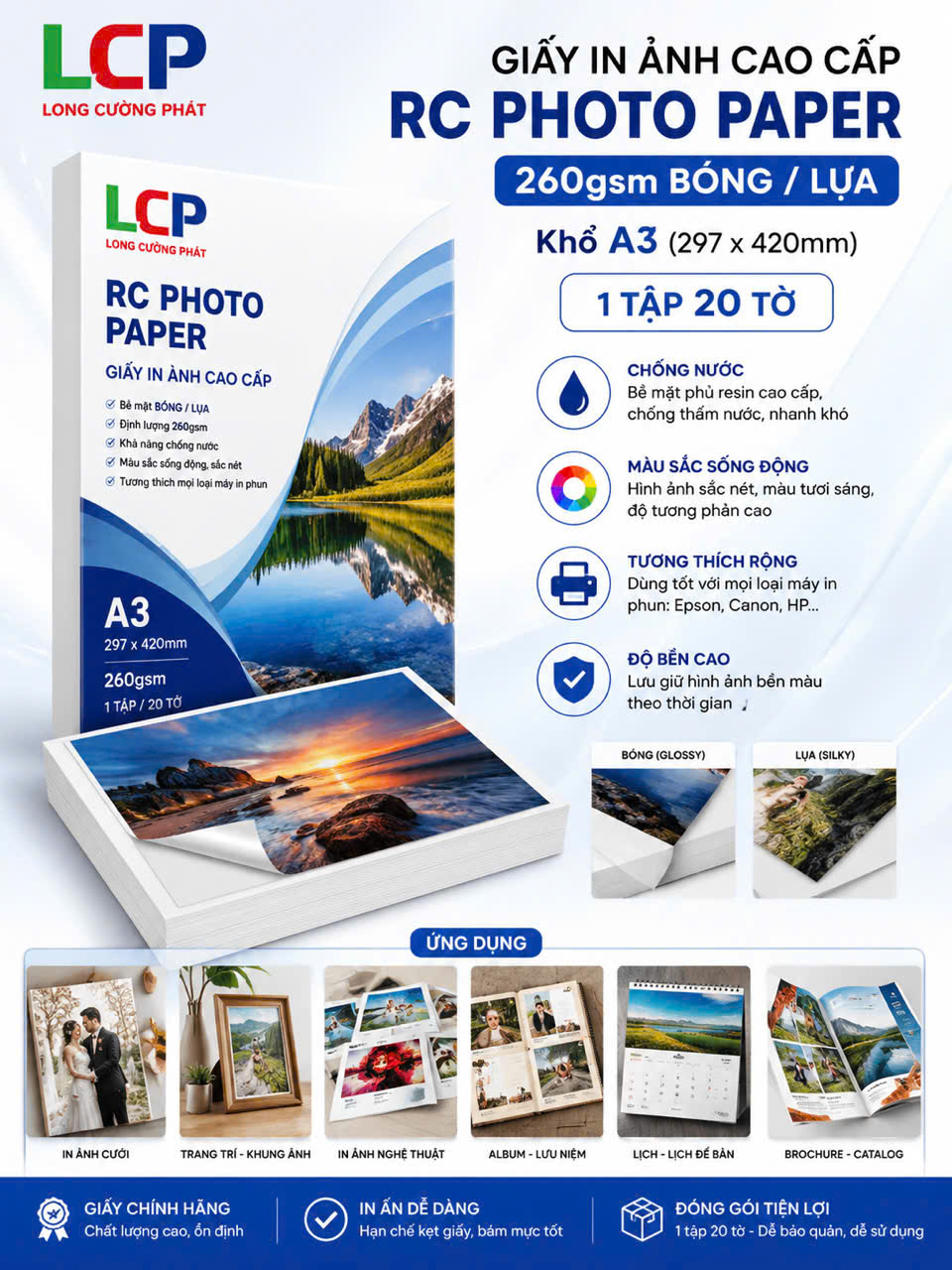Giấy in ảnh cao cấp RC photo paper Lụa 260gsm Khổ A3, 297x420mm